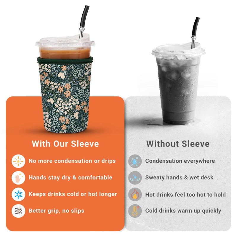Cavllson 3 Pack Iced Coffee Sleeve Reusable - Neoprene Insulated Cup Sleeve for Cold and Hot Drinks 16-32oz, Keeps Hands Dry and Drinks Cold - Vintage Bloom - Image 5