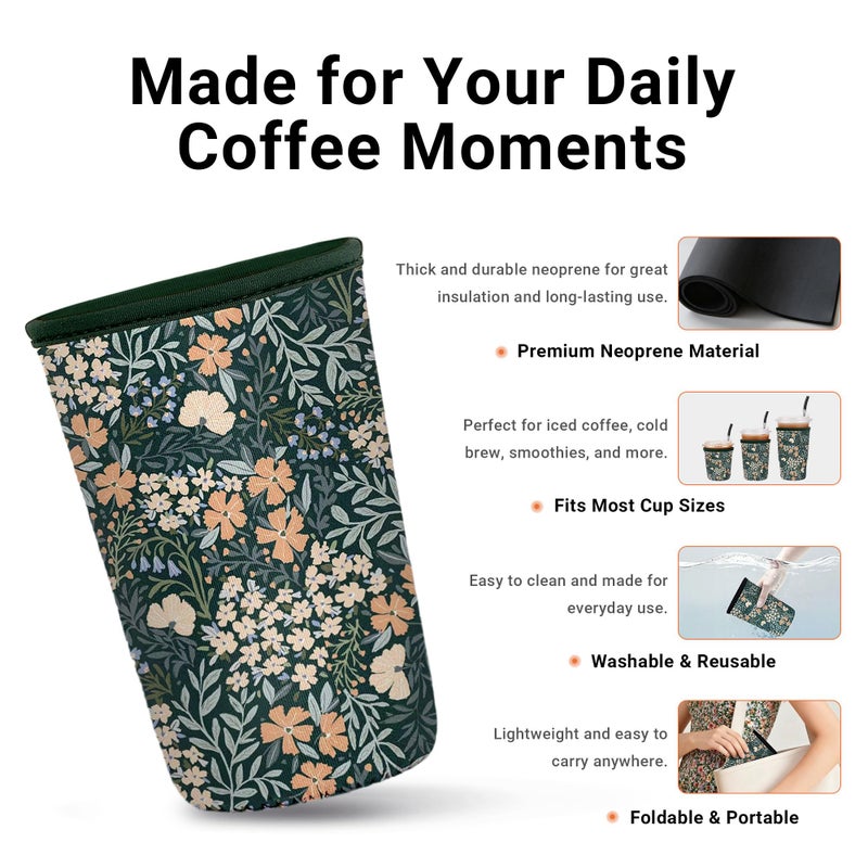 Cavllson 3 Pack Iced Coffee Sleeve Reusable - Neoprene Insulated Cup Sleeve for Cold and Hot Drinks 16-32oz, Keeps Hands Dry and Drinks Cold - Vintage Bloom - Image 3