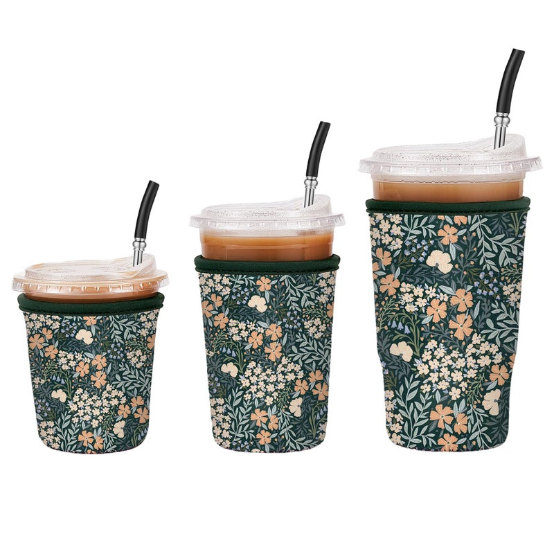 Cavllson 3 Pack Iced Coffee Sleeve Reusable - Neoprene Insulated Cup Sleeve for Cold and Hot Drinks 16-32oz, Keeps Hands Dry and Drinks Cold - Vintage Bloom - Image 1
