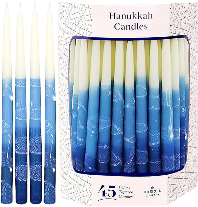 The Dreidel Company The Dreidel Company Dripless Premium Tapered Hand Decorated Multi Blue Frosted Hanukkah Candles  Premium Quality Wax SinglePack 