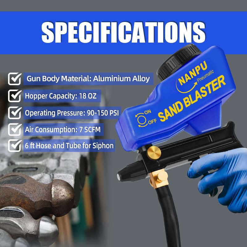 NANPU Light-Duty Air Sandblaster Gun Kit with Siphon & Gravity Feed, Ceramic Nozzle, Metal Body, for Small Project Surface Prep, Paint & Rust Removal, Metal/Wood/Glass Etching, Requires Air Compressor - Image 3