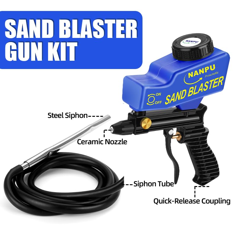 NANPU Light-Duty Air Sandblaster Gun Kit with Siphon & Gravity Feed, Ceramic Nozzle, Metal Body, for Small Project Surface Prep, Paint & Rust Removal, Metal/Wood/Glass Etching, Requires Air Compressor - Image 2