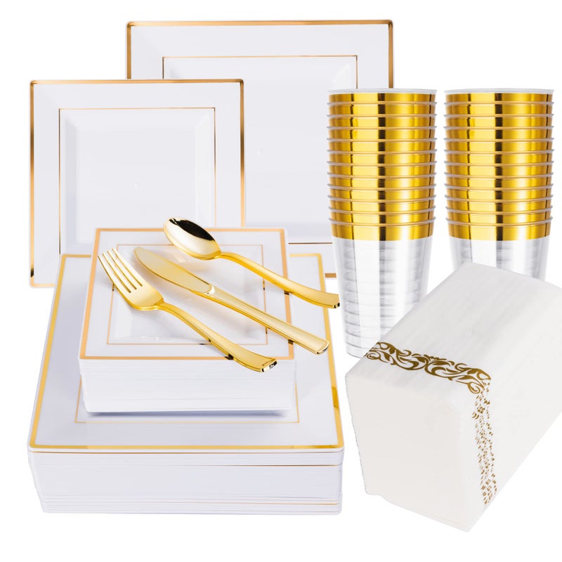 N9R 50 Guest Gold Dinnerware Set100 White Square Plastic Plates with Gold Rim 50 Plastic forks 50 Spoons 50 Knives 50 Cups 50 NapkinsDisposable Dinnerware Set for Mothers Day Wedding
