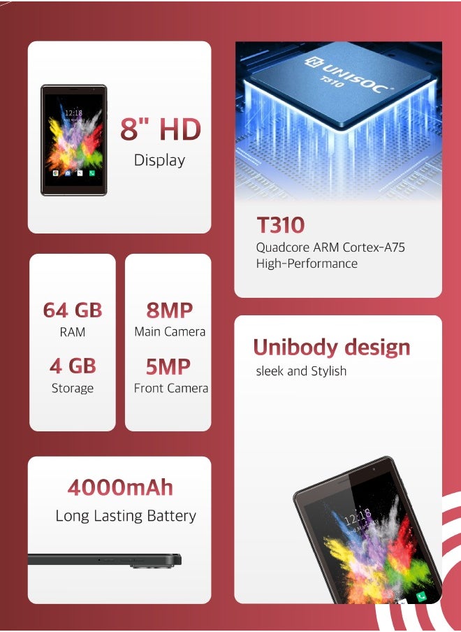 Smart Tablet XPlay 8 Inch 64GB 4GB RAM WIFI Data-SIM Android OS Zoom Bluetooth Dual SIM Quad Core CPU Type-C Charger from Holo