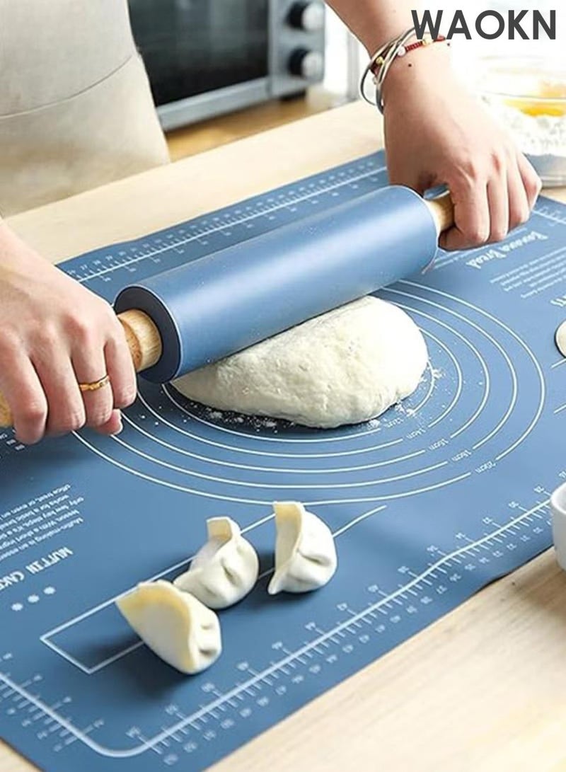 دبليو أيه أو كي أن مجموعة وسادة الخبز المصنوعة من السيليكون مع دبوس دوار قابل لإعادة الاستخدام، وسادة خبز غير لاصقة، وسادة خبز من السيليكون الصالحة للطعام لصنع الكعك والمعكرونة، مجموعة دبابيس العجين المصنوعة من السيليكون، مواد صحية وآمنة. - Image 4