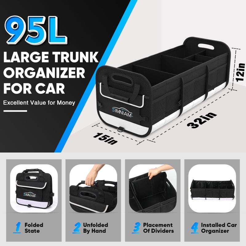 Simniam Large Car Trunk Organizer - with 5 Compartments Trunk Organizers and Storage SUV, Reinforced Handle, Securing Straps, Trunk Organizer Available for Car, SUV, Truck, Minivan - Image 2