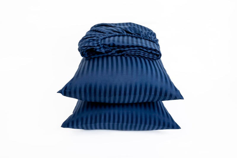 Striped Fitted Sheet Set - Fine Quality Hotels and Home Décor - 1 Fitted Sheet 180cm * 200cm + 2 Pillow Cases 50cm * 70cm - Matresses Up to 30cm - Brushed Cotton - Dark Blue
