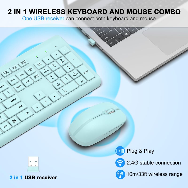 EDJO Wireless Keyboard and Mouse Combo, Full Size Silent Ergonomic Keyboard and Mouse, Long Battery Life, Optical Mouse, 2.4G Lag-Free Cordless Mice Keyboard for Computer, Mac, Laptop, PC, Windows(Green) - Image 2