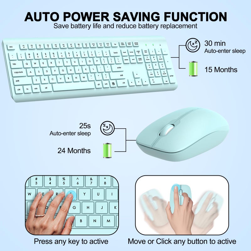 EDJO Wireless Keyboard and Mouse Combo, Full Size Silent Ergonomic Keyboard and Mouse, Long Battery Life, Optical Mouse, 2.4G Lag-Free Cordless Mice Keyboard for Computer, Mac, Laptop, PC, Windows(Green) - Image 3