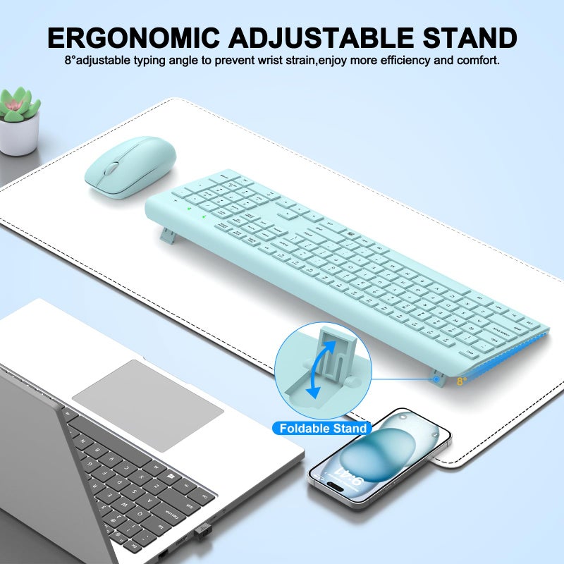 EDJO Wireless Keyboard and Mouse Combo, Full Size Silent Ergonomic Keyboard and Mouse, Long Battery Life, Optical Mouse, 2.4G Lag-Free Cordless Mice Keyboard for Computer, Mac, Laptop, PC, Windows(Green) - Image 4