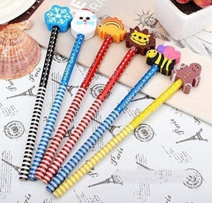 Tera13 TERA 13 Gifts Pencil Set (6 pcs) With Eraser for Kids - Black Cartoon Rubber Eraser for Girls & Boys Birthday Return Gift - Stationery Items - Image 1