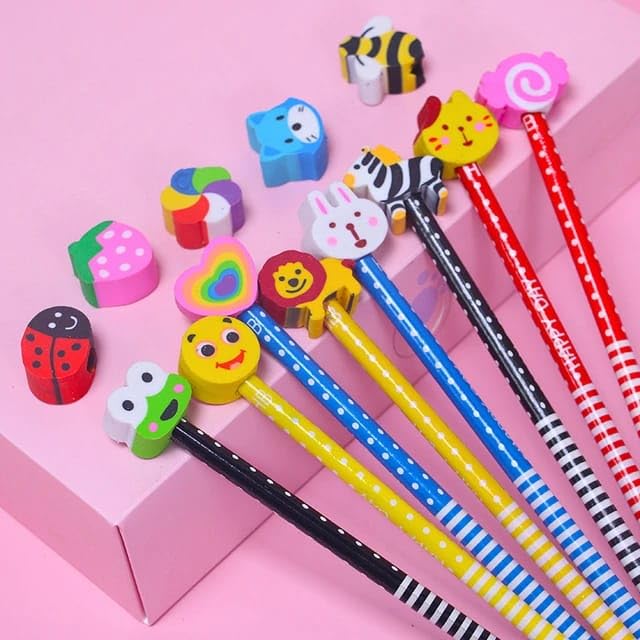 Tera13 TERA 13 Gifts Pencil Set (6 pcs) With Eraser for Kids - Black Cartoon Rubber Eraser for Girls & Boys Birthday Return Gift - Stationery Items - Image 2