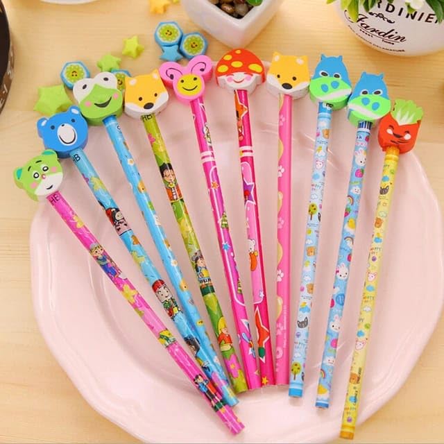 Tera13 TERA 13 Gifts Pencil Set (6 pcs) With Eraser for Kids - Black Cartoon Rubber Eraser for Girls & Boys Birthday Return Gift - Stationery Items - Image 3