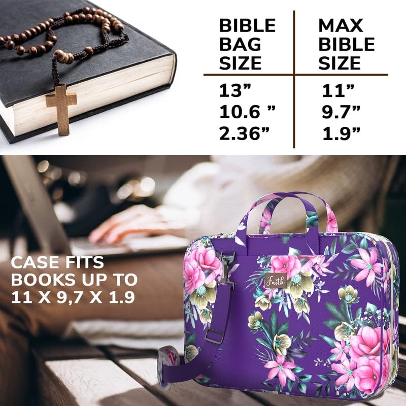 DEHITE Bible Cover Case for Women – Violet Floral Carrying Case – Tote Bags Extra Large – Book Size 11.4 x 8.85 x 1.9 in – Pen Slot – Zippered Pocket – Shoulder Strap – Premium Fabric – Christian Gift - Image 5