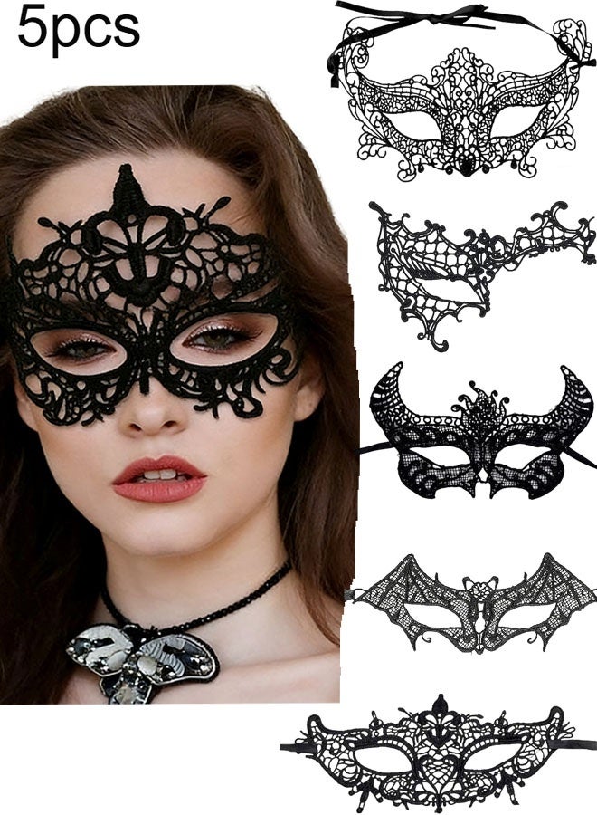 Happy D 5 Pieces Women Lace Eye Mask, Masquerade Masks Mysterious Face Venetian Eyemask for Carnival Party Costume Ball, Black - Image 1
