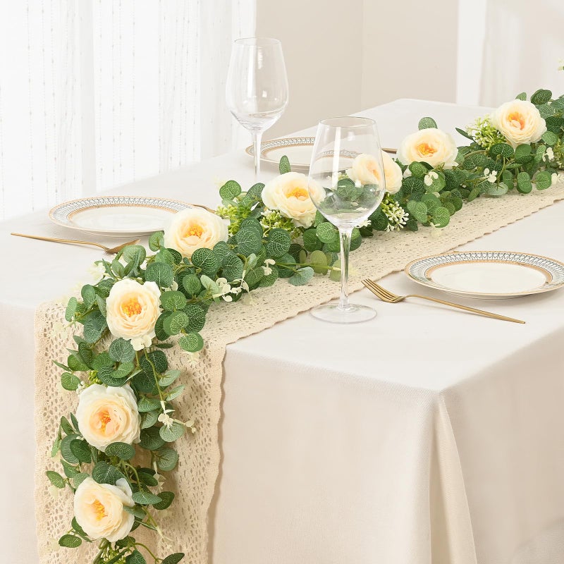 Dolicer 2Pcs 13Ft Artificial Eucalyptus Garlands with Flowers, Faux Floral Greenery Garlands Fake Flowers Vines for Wedding Centerpieces Arch Party Ceremony Backdrop Decor (Champagne) - Image 3