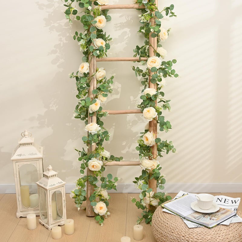Dolicer 2Pcs 13Ft Artificial Eucalyptus Garlands with Flowers, Faux Floral Greenery Garlands Fake Flowers Vines for Wedding Centerpieces Arch Party Ceremony Backdrop Decor (Champagne) - Image 2