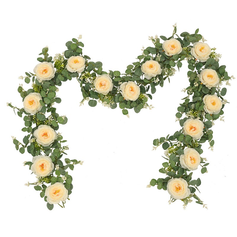 Dolicer 2Pcs 13Ft Artificial Eucalyptus Garlands with Flowers, Faux Floral Greenery Garlands Fake Flowers Vines for Wedding Centerpieces Arch Party Ceremony Backdrop Decor (Champagne) - Image 1