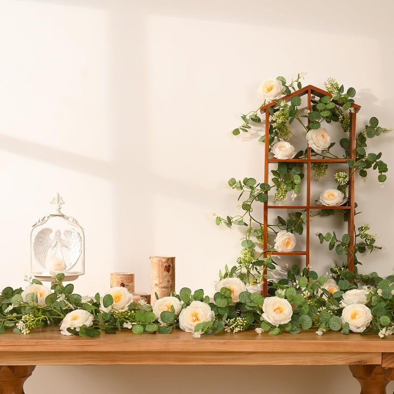 Dolicer 2Pcs 13Ft Artificial Eucalyptus Garlands with Flowers, Faux Floral Greenery Garlands Fake Flowers Vines for Wedding Centerpieces Arch Party Ceremony Backdrop Decor (Champagne) - Image 5