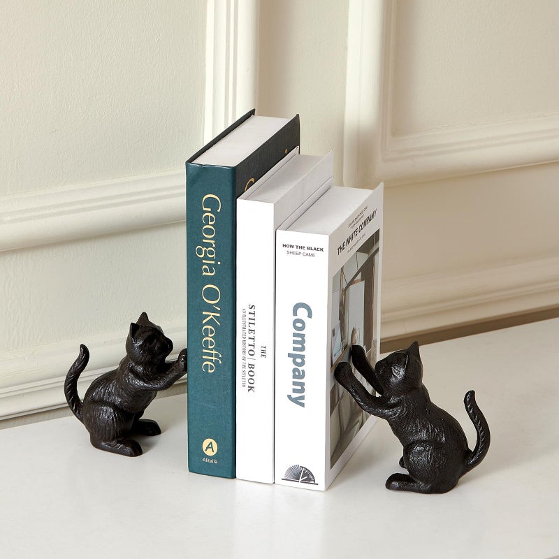 Denique Cat Decorative Bookends, Cute Book Ends to Hold Books, Bookends for Shelves, Unique Cast Iron Book Stopper for Heavy Books, Cat Office Decor, 1 Pair/2 PCS - Image 3
