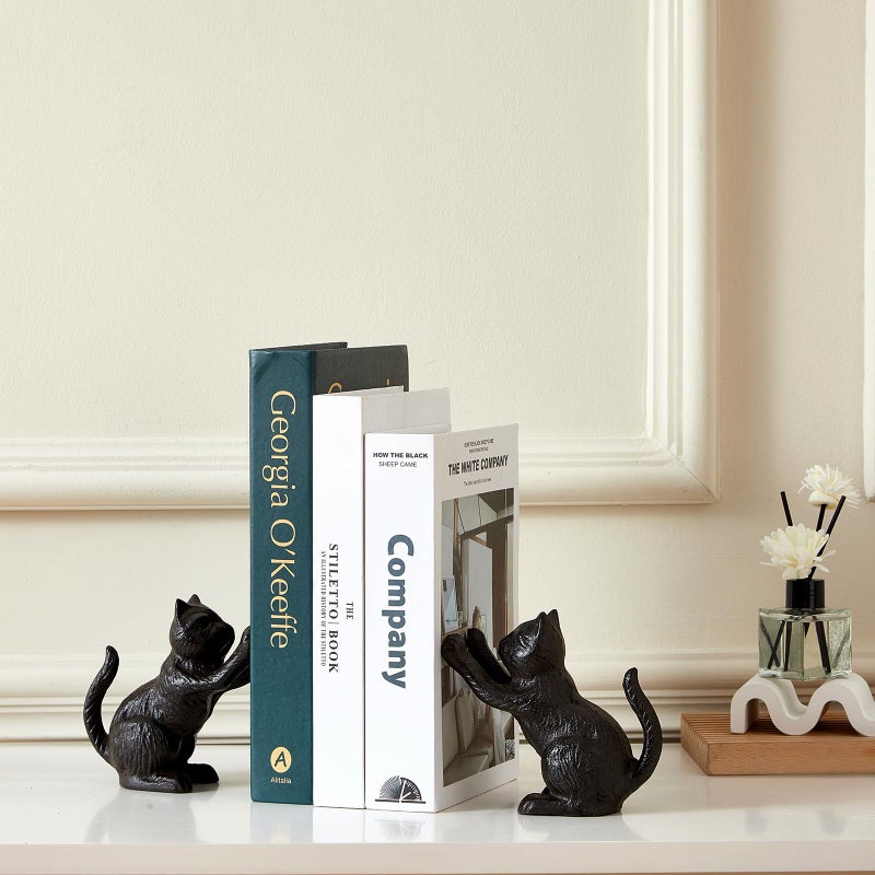 Denique Cat Decorative Bookends, Cute Book Ends to Hold Books, Bookends for Shelves, Unique Cast Iron Book Stopper for Heavy Books, Cat Office Decor, 1 Pair/2 PCS - Image 4