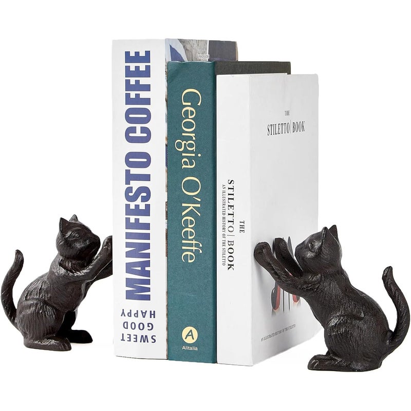 Denique Cat Decorative Bookends, Cute Book Ends to Hold Books, Bookends for Shelves, Unique Cast Iron Book Stopper for Heavy Books, Cat Office Decor, 1 Pair/2 PCS - Image 1