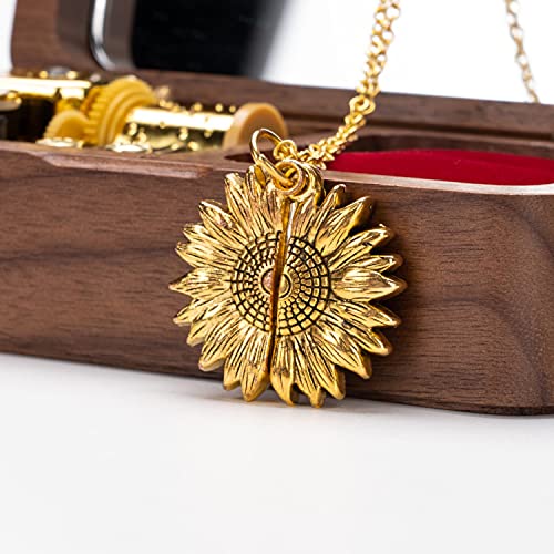 BELLA GLOBE You are My Sunshine Music Box with You are My Sunshine Sunflower Necklace Gift for Women Mom Grandma Daughter Sunflower Pendant Necklace in Wind Up Wood Jewelry Music Box - Image 3