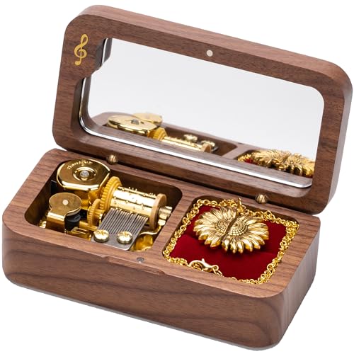 BELLA GLOBE You are My Sunshine Music Box with You are My Sunshine Sunflower Necklace Gift for Women Mom Grandma Daughter Sunflower Pendant Necklace in Wind Up Wood Jewelry Music Box - Image 1