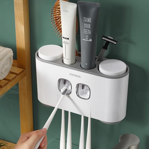VNYIFAN Toothbrush Holders with Toothpaste Dispenser Wall Mounted for Bathroom-4 Cups Automatic Electric Tooth Pastetooth Squeezer-Bathroom Organizer Storage Accessories Set for Kids with 5 Toothbrush Slots - Image 2