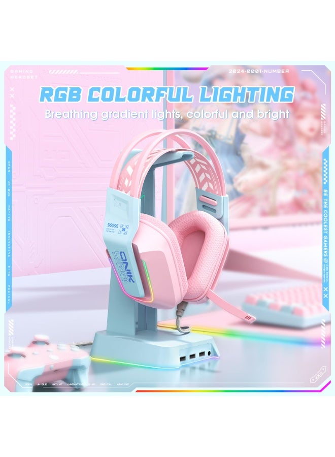 onikuma Wired Gaming Headset with RGB Lighting, 50mm Drivers, Noise-Cancelling Mic, USB & 3.5mm Jack, Over-Ear PC Headphones for PS5, PS4, Xbox, Laptop, Phone – Comfortable Fit, Surround Sound (Wired-Pink) - Image 4