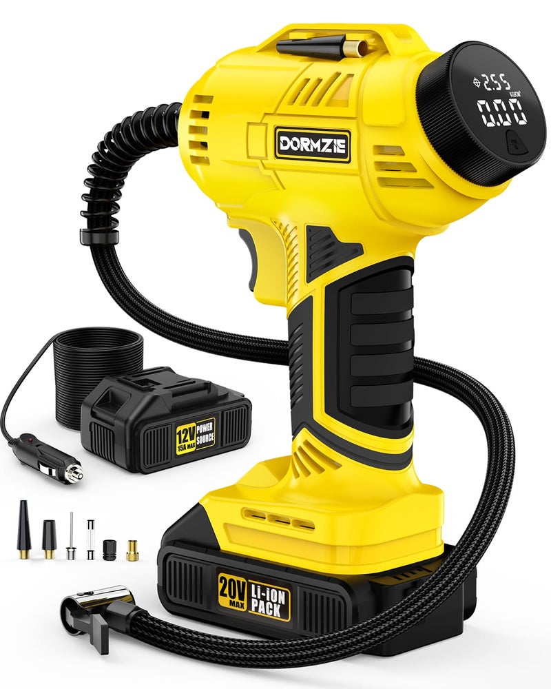 dormzie Tire Inflator Portable Air Compressor, 150 PSI Handheld Air Pump for Car Tires with 20V Rechargeable Battery, 12V Car Power Adapter, Digital Display, Ball, Motorcycle, Bike Pump - Image 1