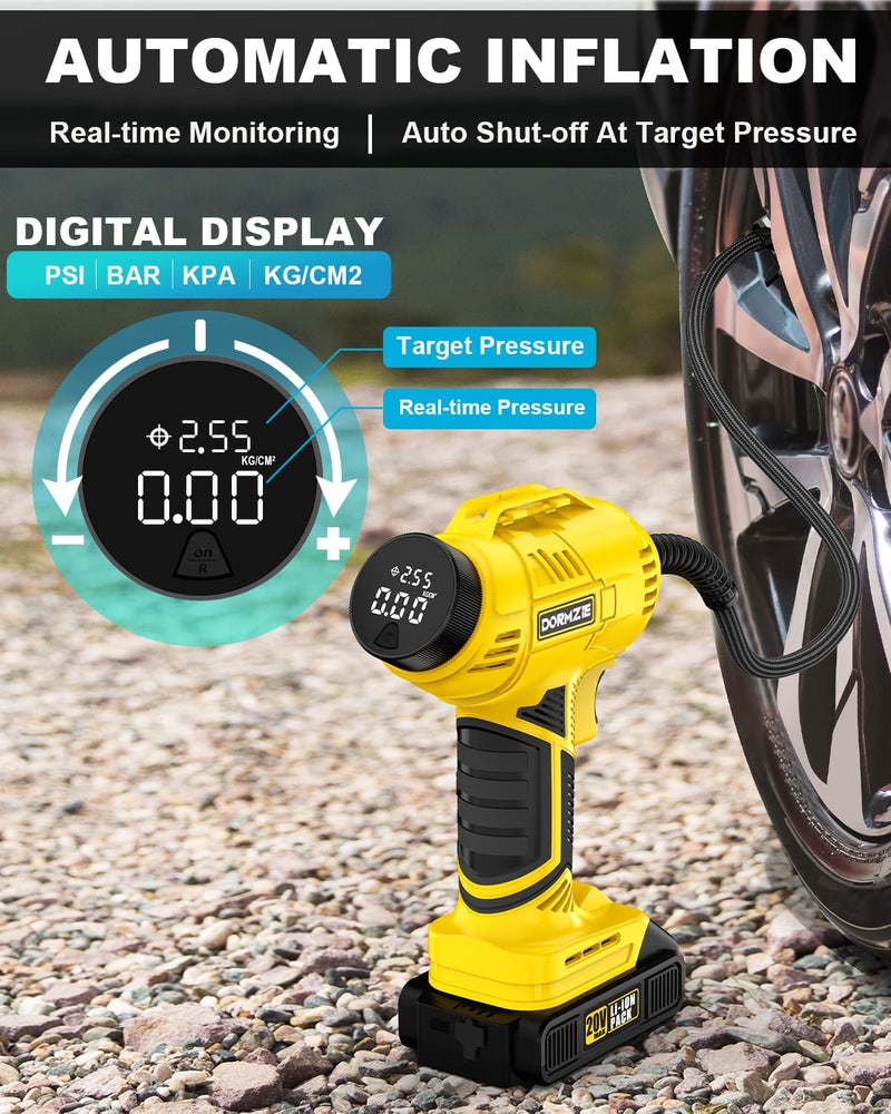 dormzie Tire Inflator Portable Air Compressor, 150 PSI Handheld Air Pump for Car Tires with 20V Rechargeable Battery, 12V Car Power Adapter, Digital Display, Ball, Motorcycle, Bike Pump - Image 3