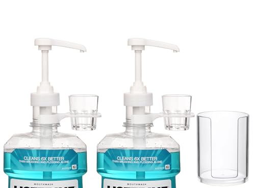 onsogi Dispenser Pumps for Listerine 1 or 1.5 Liter Mouthwash Bottles with Cup Holders, Resuable Cups and Clear Plastic Paper Cup Dispenser - Fits Total Care, Original, Zero Alcohol, Cool Mint, etc - Image 1