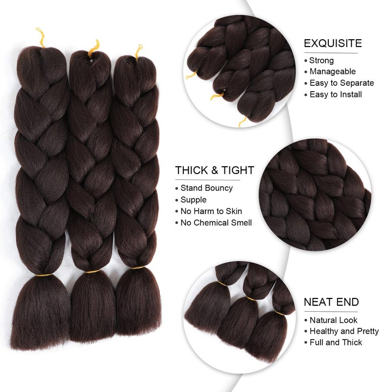 SuCoo Jumbo Braiding Hair Extensions High Temperature Fiber Crochet Twist Braids with Small Free Gifts 24inch 3pcs/lot(Dark Brown) - Image 2