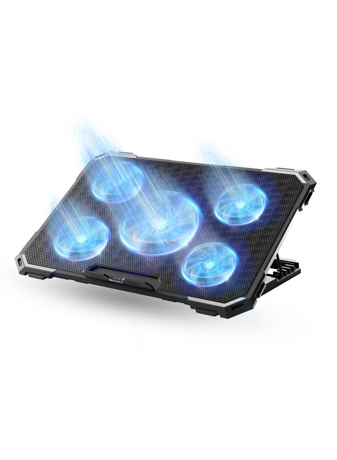 مبرد لابتوب للألعاب NCTS C517، تصميم مريح مع 5 مراوح تبريد هادئة، متعددة السرعات، سرعة هواء قابلة للتعديل لأجهزة اللابتوب بحجم 17 بوصة وأقل، 4 مستويات ارتفاع، 2 منفذ USB، GTIN:6295151550045