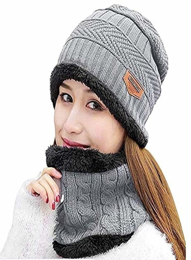 Zonkar Applique Man & Woman Acrylic Woolen combo of Beanie/Skull Cap & Muffler for winters with faux fur lining Cap (Grey) - Image 2