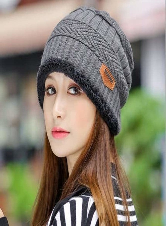 Zonkar Applique Man & Woman Acrylic Woolen combo of Beanie/Skull Cap & Muffler for winters with faux fur lining Cap (Grey) - Image 4