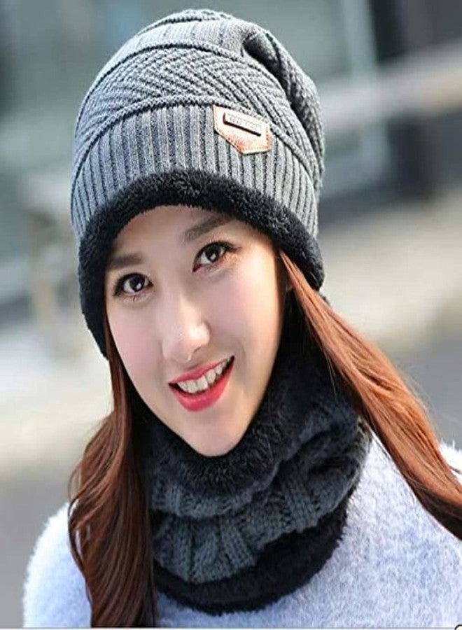 Zonkar Applique Man & Woman Acrylic Woolen combo of Beanie/Skull Cap & Muffler for winters with faux fur lining Cap (Grey) - Image 3