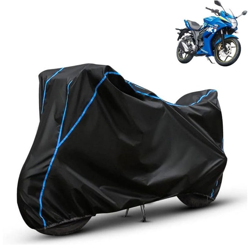 FAVY Water Resistant Bike Cover Compatible with Suzuki Gixxer SF, Rain, UV, Dust and Scratch Proof, All-Weather Proof Full Body Bike Cover, Black with Blue Piping, Triple Stitched with Elastic Bottom - Image 1