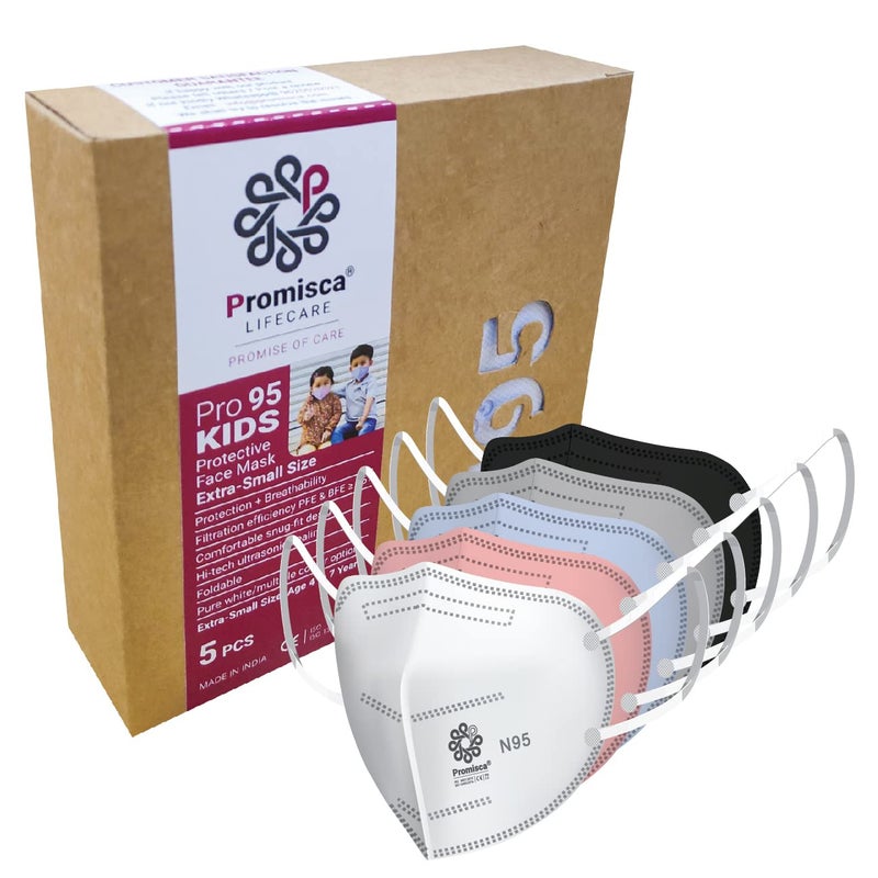 PROMISCA Kids N95 Face Mask 5 Layered Filtration and Genuine Melt Blown (Multi colour), Pack of 5 (Extra Small 4 to 7 yrs), (PR05KEMUR2119) - Image 1