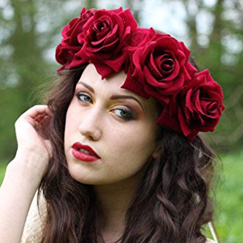 Tvoip Rose Floral Crown Garland Flower Headband Headpiece for Wedding Festival (Red) - Image 4