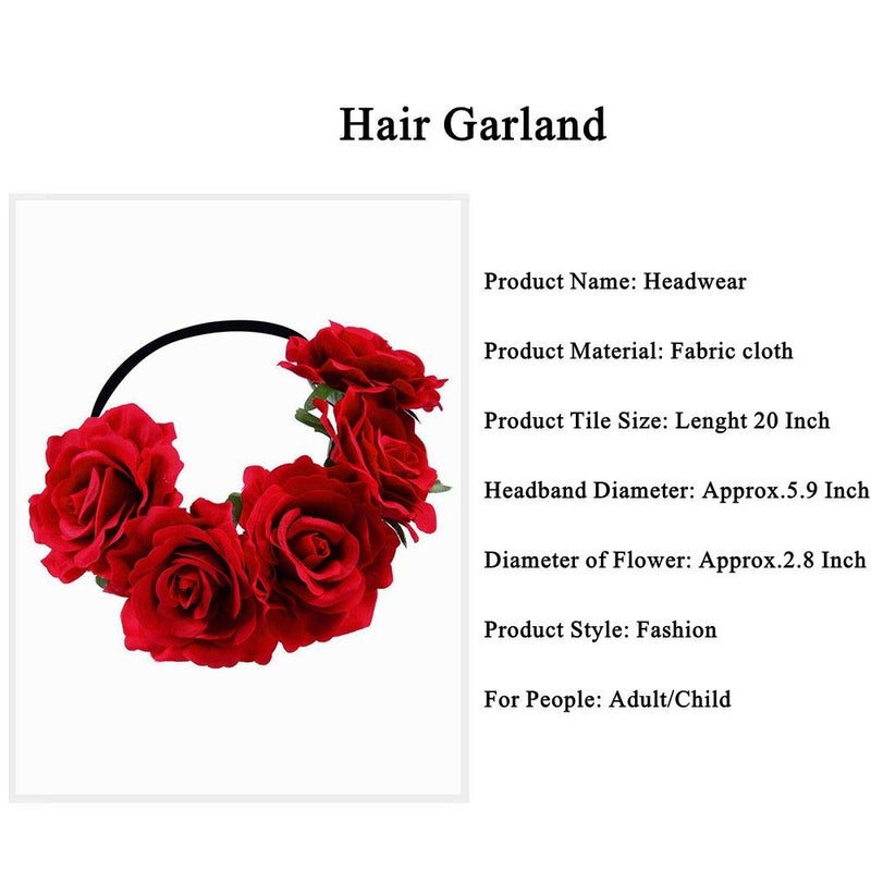 Tvoip Rose Floral Crown Garland Flower Headband Headpiece for Wedding Festival (Red) - Image 3