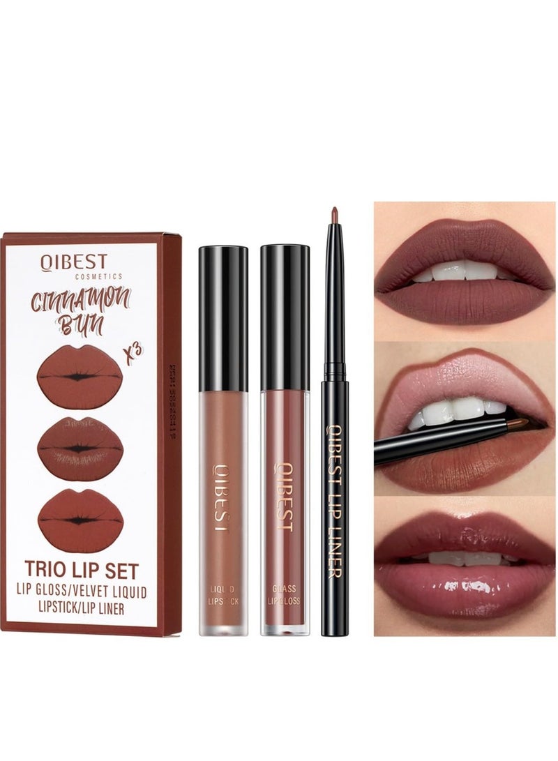 QiBest مجموعة أحمر الشفاه وقلم تحديد الشفاه أحمر شفاه سائل غير لامع ملمع شفاه مرطب قلم تحديد الشفاه الكريمي Cinnam 03 - Image 1