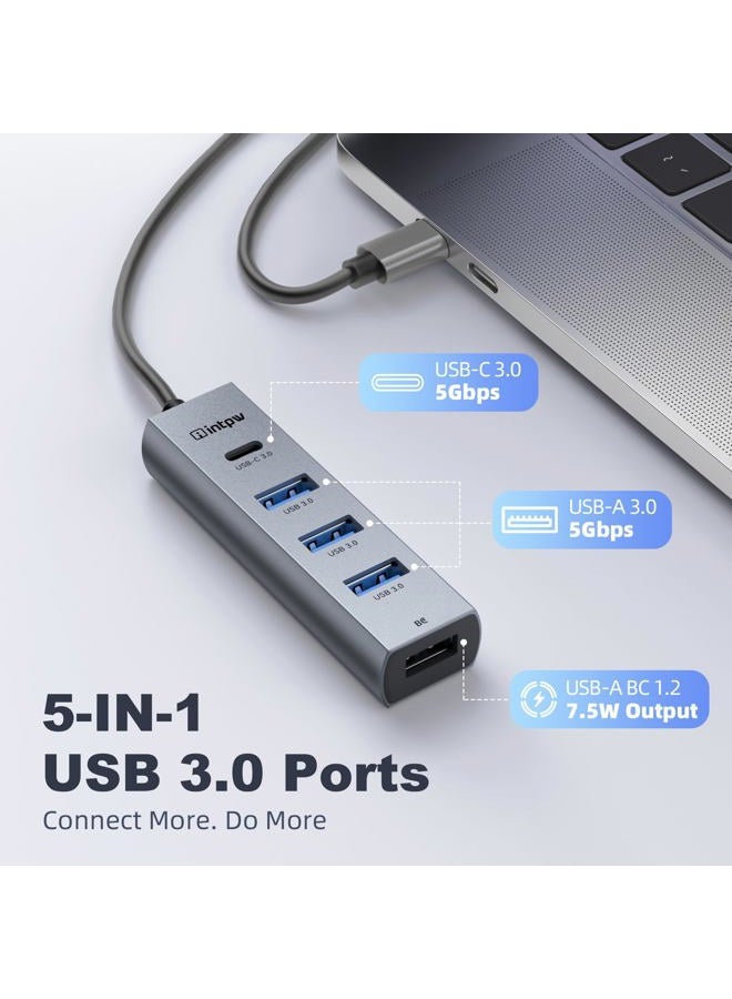 intpw USB C to USB A Hub 5 Ports Type C Hub USB 3.0 5Gbps Aluminum Adapter Multiport USB C Hub for Laptop, Mac, iPad, PC (0.82FT(5in1,BC)) - Image 2
