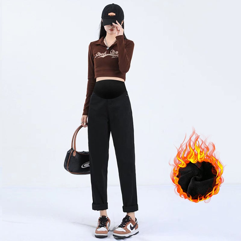 Pregnant Womens Wear 2024 Pregnant Womens Jeans Winter fleece-lined Thickened fleece-lined Style Retro Blue Belly Pants for Women 9398c black sherpa