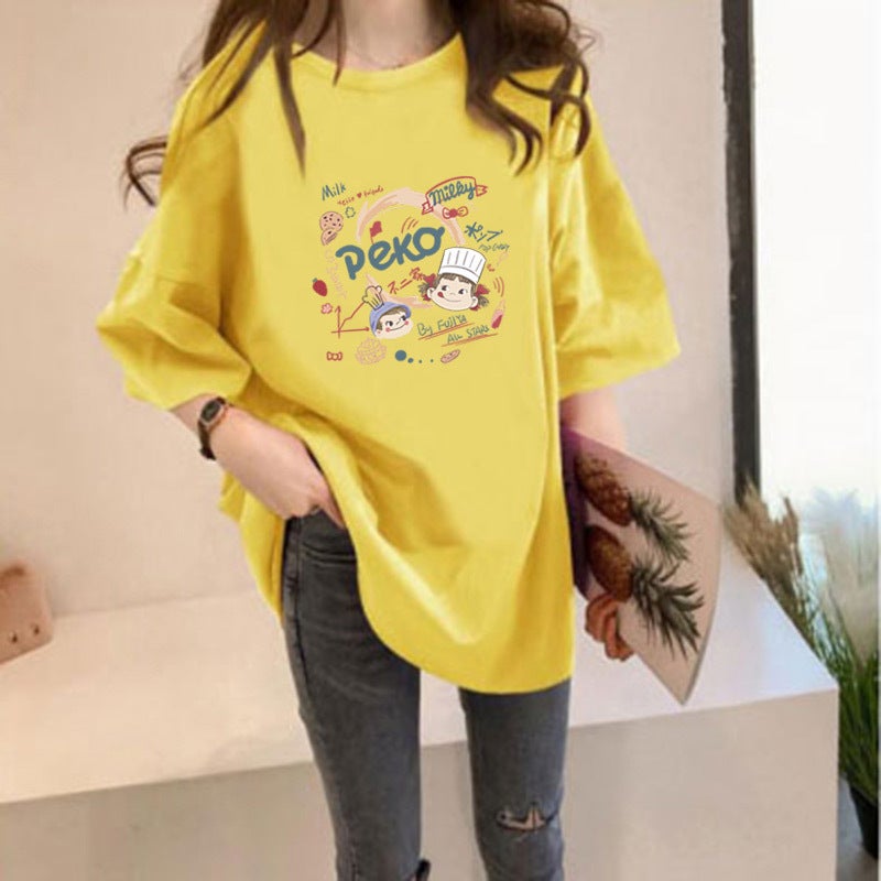 White Cotton Short-sleeved T-shirt Women's 2023 Summer New Fashion Printed Loose All-match Half-sleeved Design Sense Top