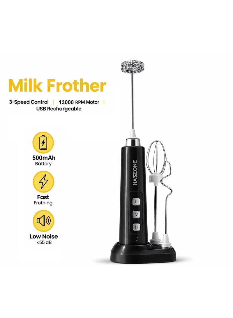 Hamzone Rechargeable Handheld Milk Frother with Detachable Stainless Steel Whisk & Protective Cover, USB Electric Foam Maker for Coffee, Latte, Cappuccino, Matcha & Hot Chocolate – Black - Image 1