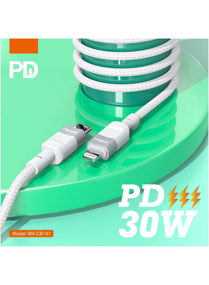 MOXOM 30W PD iPhone Cable 1Meter, Braided PD Fast charging Cable Type-C to Lightning White MX-CB141