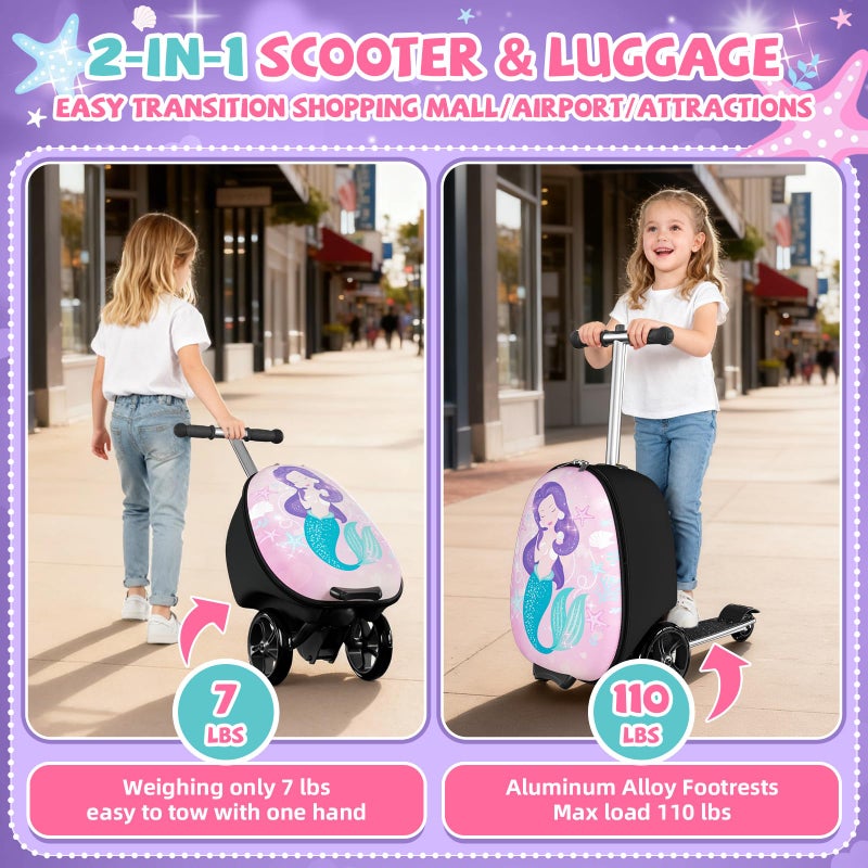 Baotree Scooter Suitcase for Kids, 2 in 1 Ride-on Luggage with Flash PU Wheels, Adjustable Handle & TPR Non-Slip Grip, Foldable & Lightweight, Ages 5-12 - Image 3