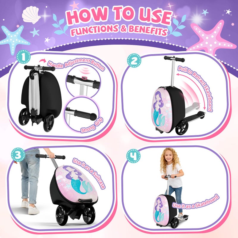 Baotree Scooter Suitcase for Kids, 2 in 1 Ride-on Luggage with Flash PU Wheels, Adjustable Handle & TPR Non-Slip Grip, Foldable & Lightweight, Ages 5-12 - Image 2